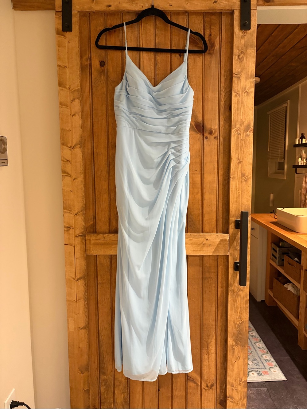 Azazie Light Blue Ruched Spaghetti-Strap Maxi Dress
